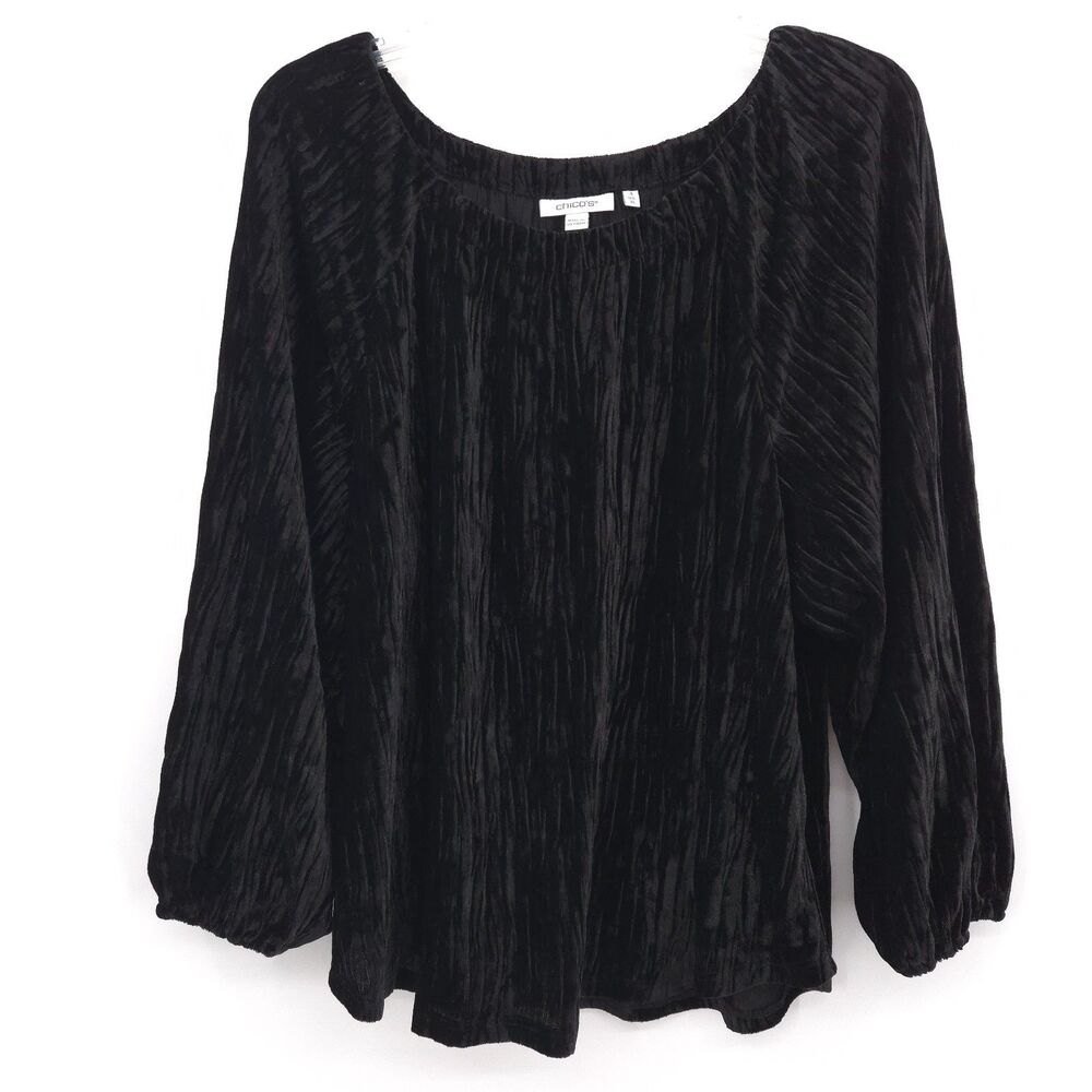 Chico's womens textured velvet top Size 3‎ (XL) black 3/4 puff sleeves